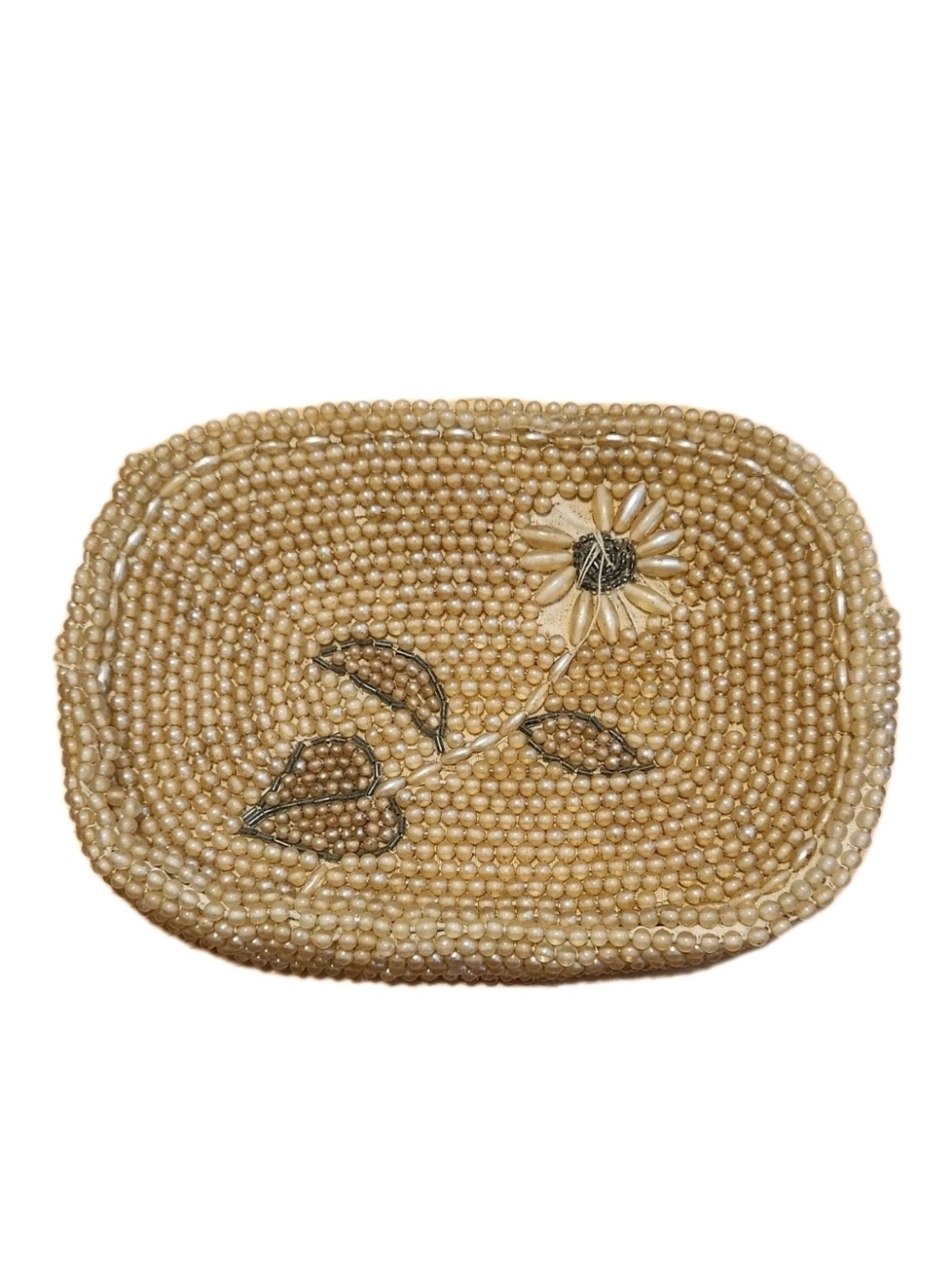 Vintage Clutch Coin Purse Handbag Ivory Beaded Pearls  Silk Lined Zip